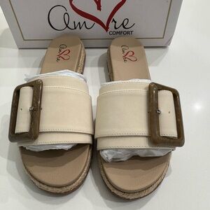 MIA Cream and Brown Slide Sandals with Straw Wedge